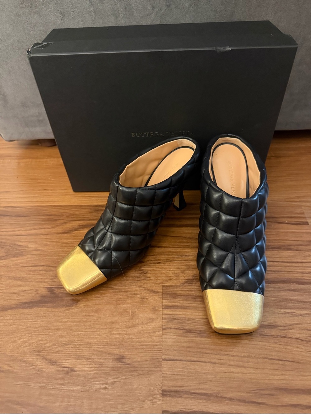 Bottega Veneta Black Quilted Leather Mules with Gold Square Toe 38